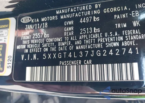 2018 Kia Optima Lx from USA, damaged, VIN 5XXGT4L37JG242741